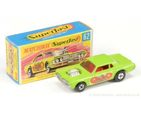 Matchbox Superfast 62b Mercury Cougar "Rat Rod" Dragster - lime green body, red interior and tow hook, chrome engine, side la