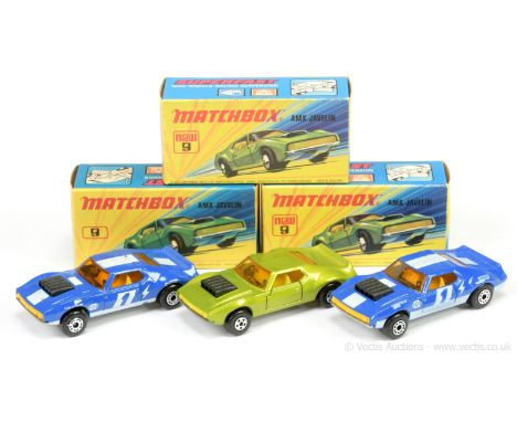 Matchbox Superfast 9b AMX Javelin a group of 3; (1) metallic lime green, bright yellow interior &amp; tow hook, amber windows