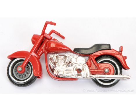 Matchbox Superfast 50c Pre-production Harley Davidson Motorcycle - red body, frame, handlebars and forks, black seat, chrome 