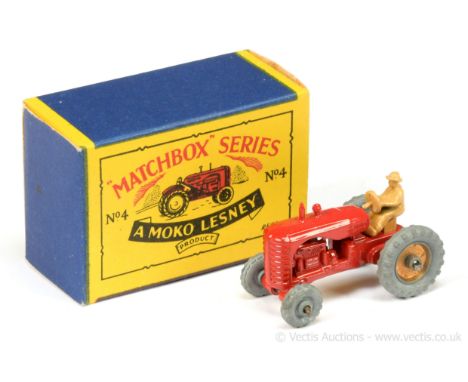 Matchbox Regular Wheels 4b Massey Harris Tractor - red, type A driver with open back, metal wheels, domed crimped axles - Nea