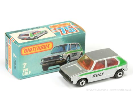 Matchbox Superfast 7c Volkswagen Golf - silver with green and black tampo print, red interior and tow hook, black base, dot d