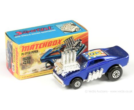 Matchbox Superfast 48b Pie-Eyed Piper Dragster - blue body with RARE blue windows, chrome engine and side exhaust stacks, Mal