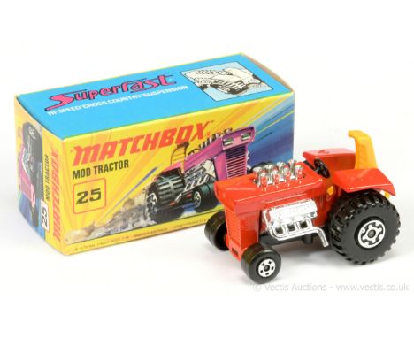 Matchbox Superfast 25b Mod Tractor - red body, yellow plastic seat and tow hook, chrome engine, black base, Maltese Cross rea