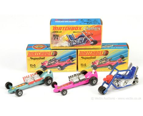 Matchbox Superfast 64b Slingshot Dragster - metallic silver-blue body, chrome engine with red exhausts, figure driver, racing