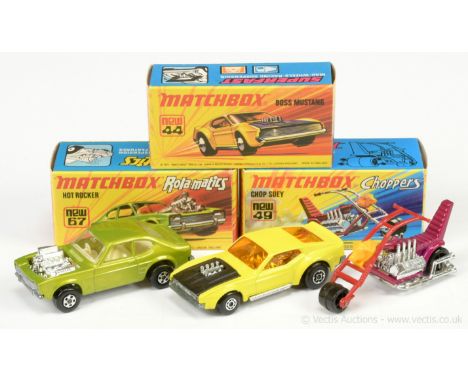 Matchbox Superfast; 44b Boss Mustang - yellow body with black bonnet, amber windows, 5 arch wheels; 49b Chop Suey Chopper - m