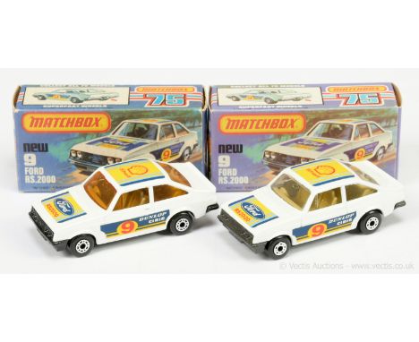 Matchbox Superfast 9c Ford Escort RS2000 - white body, light tan interior &amp; tow hook, clear windows, dark grey base, dot 