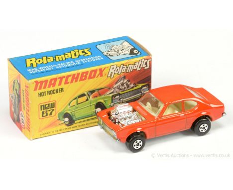 Matchbox Superfast 67b Ford Capri Hot Rocker Dragster - dark orange-red body, ivory interior, chrome engine, wide 5-spoke whe