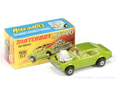 Matchbox Superfast 67b Ford Capri Hot Rocker - metallic lime body, ivory interior, chrome engine, 5-spoke wide wheels - Mint 