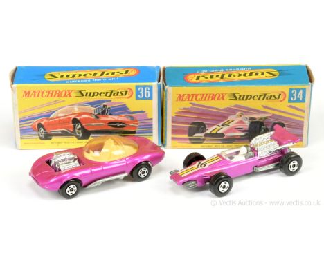 Matchbox Superfast 34a Formula 1 Racing Car - metallic candy pink, white, yellow and black racing number 16 label, white driv