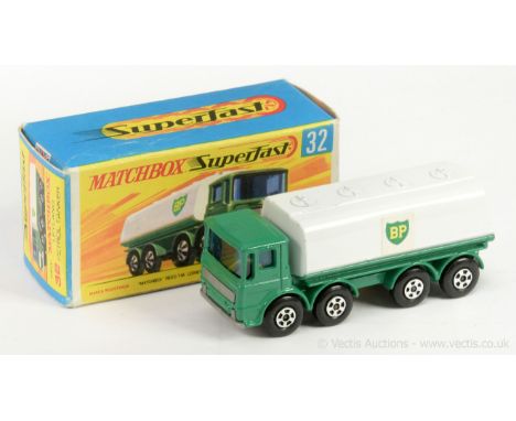 Matchbox Superfast 32a Leyland Tanker "BP" - green cab and chassis, white tanker, grey plastic grille and base with tow guide