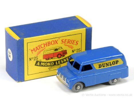 Matchbox Regular Wheels 25a Bedford CA "Dunlop" Van - dark blue body, silver trim, yellow background decals, 24-tread grey pl