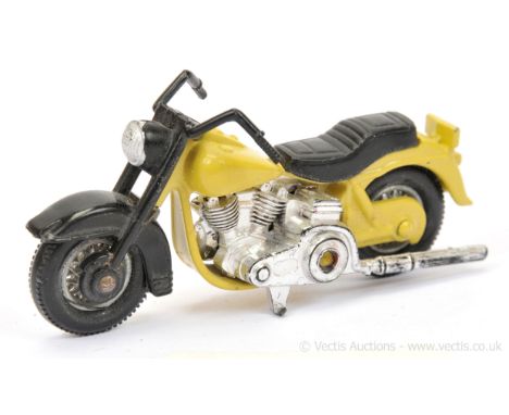 Matchbox Superfast 50c Pre-production Harley Davidson Motorcycle - drab mustard, black seat, forks and handlebars, chrome eng