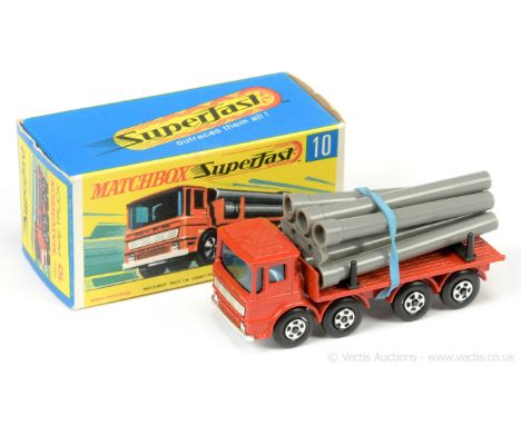 Matchbox Superfast 10a Leyland Pipe Truck - RARE - red body &amp; chassis, chrome base, grille with tow-guide, 6 x grey plast