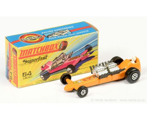 Matchbox Superfast 64b Slingshot Dragster - orange body, chrome engine with black exhaust stacks, figure driver, racing numbe