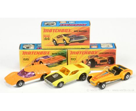 Matchbox Superfast; 44b Boss Mustang - yellow body with black bonnet, amber windows, 5-arch wheels; 60b Lotus Super Seven - o