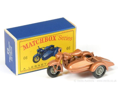 Matchbox Regular Wheels 68b Harley Davidson Motorcycle &amp; Sidecar - metallic copper body and base, wire wheels with 70-tre