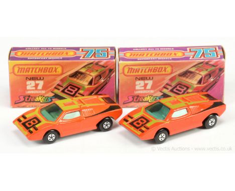 Matchbox Superfast 27b Lamborghini Countach "Streakers" a pair (1) burnt orange with green and black racing number 8 tampo pr