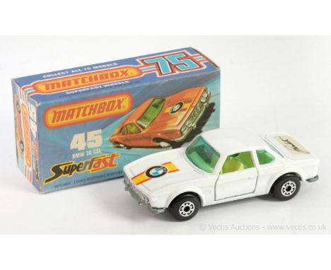 Matchbox Superfast 45b BMW 3.0 CSL -white body with "Manhalter" trunk label, green windows, 5 arch wheels - Mint (very tiny m