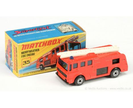 Matchbox Superfast 35a Merryweather Marquis Fire Engine - red body, blue windows and roof lights, black plastic base, sides a