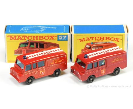 Matchbox Regular Wheels 57c Land Rover Fire Truck - red body with "Kent Fire Brigade" decals and shield, blue windows and roo