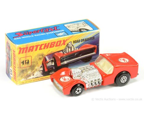 Matchbox Superfast 19b Road Dragster - red body with scorpion labels, chrome engine, 5-spoke wheels to front, spiro wheels to