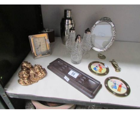 A mixed lot including Dutch plaques, hip flask, cocktail shaker, brass knocker, cruets, bakelite tray etc