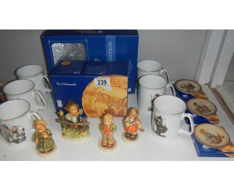 4 boxed Hummel figures, 6 Hummel mugs and 6 Hummel pin dishes