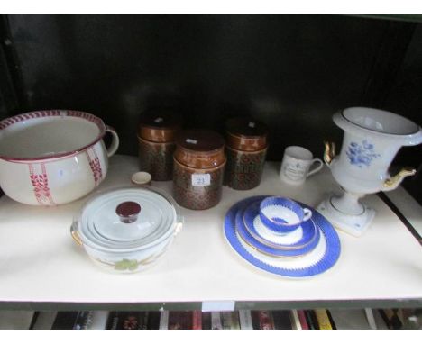 An Alboth & Kaiser planter a/f, A Royal Doulton chamber pot, Hornsea canisters, Wedgwood items etc