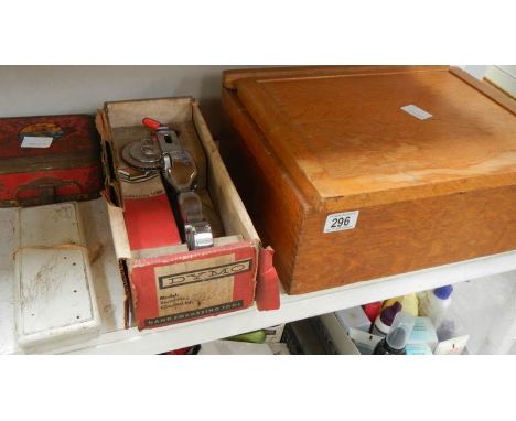 A wooden box, tools etc
