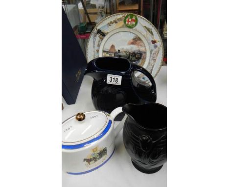 A Brentleigh ware jug, A Deco style jug, a Rington's teapot and a Coalport plate