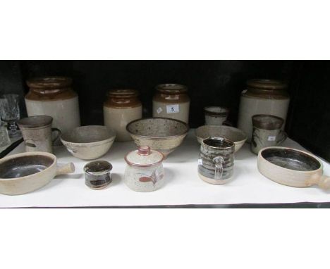 A shelf of David Leach studio pottery etc., some a/f