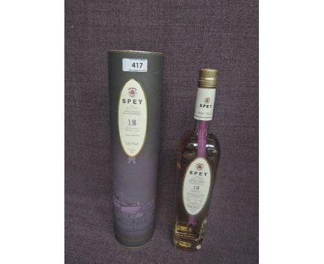 A bottle of Spey from Speyside Distillery Single Malt Scotch Whisky 18 Year Old, Limited Release, matured in fresh sherry cas