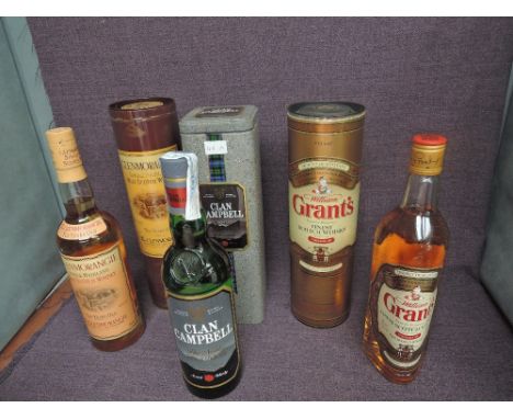 Three bottle of Scotch Whisky, Clan Campbell Blended Spanish Import 70cl, 40% vol in metal tin, William Grants Blended 70cl, 