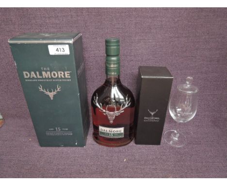 A bottle of The Dalmore 15 Year Old Highland Single Malt Scotch Whisky.matured in American White Oak and Three Styles of Sher