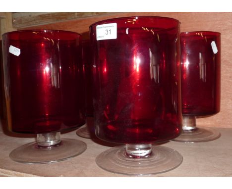 4 large ruby glass vases with footed stems