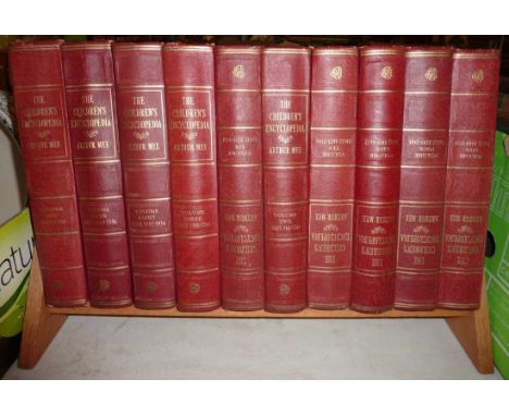 10 volumes of 'Children's Encyclopedia' by Arthur Mee in wooden book shelf