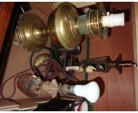 Brass paraffin lamp converted to electric, 2 continental lamps etc