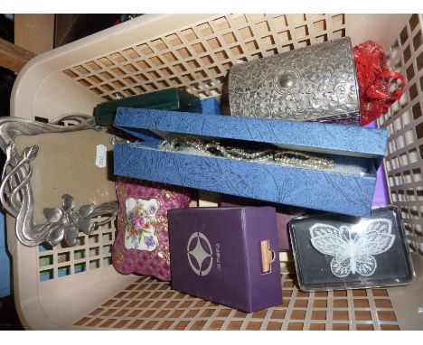 Selection of costume jewllery, beads, earrings, trinket pots, picture frame etc