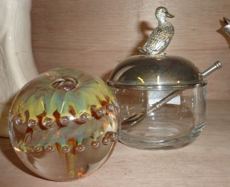 Langham glass paperweight, mirror and sugar basin