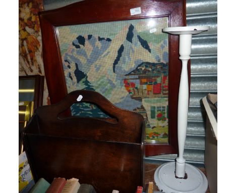 Embroidered fire screen, magazine rack and white painted ash tray stand