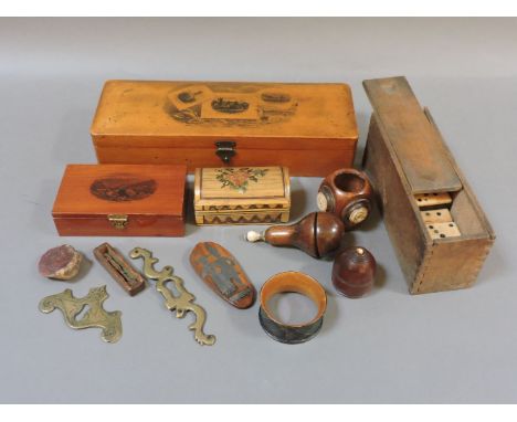 Mauchline ware boxes, straw work box, treen light pull, dominos, dice shaker