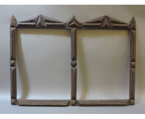 An American 'tramp art' double picture frame, 63 x 86cm, a George IV print, and a watercolour of Euston Hall, in maple frame,