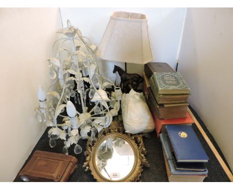 Two equestrian figure table lamps, a ceiling light, etc