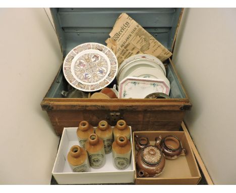 A tin trunk, containing china, six Sawston stoneware bottles, etc