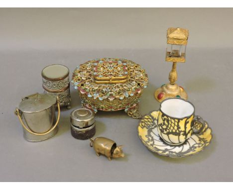 Metal items, including an oval milk can vesta, brass pig vesta, coloured enamel and wirework box, gilt brass novelty inkwell,