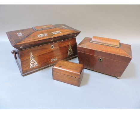 A Victorian rosewood twin compartment tea caddy, of sarcophagus shape with mother of pearl inlay, 33cm wide, no mixing bowl, 
