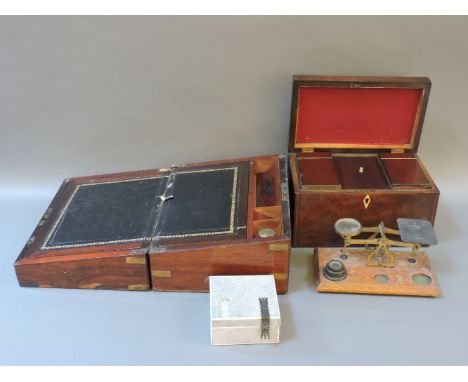 A George III caddy, a rosewood writing box, postal scales, and a Deco shagreen cigarette box