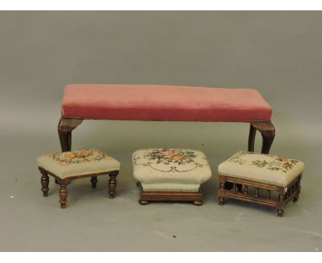 A duet stool, 99 x 39.5cm, and three needlepoint stools