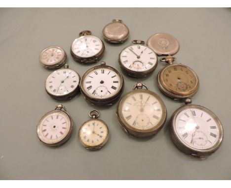 A collection of silver and silver plated pocket watches, to include an engine turned decorated example with white enamel dial