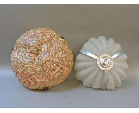 A French mottled glass ceiling plafonnier, 40cm diameter, and a scalloped ceiling light